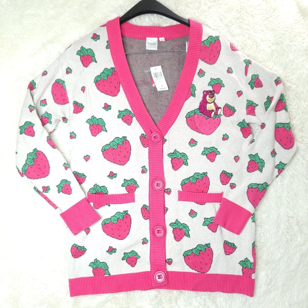 Disney Pixar Sweater Size S Cream/Pink Toy Story Lotso Bear Strawberry Cardigan